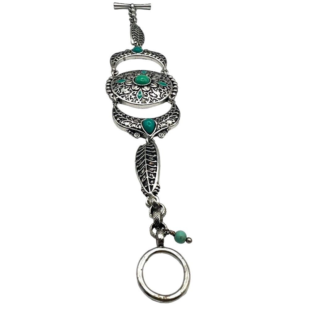 Silver Tone & Faux Turquoise Floral Filigree Bracelet A21 - Picture 9 of 10